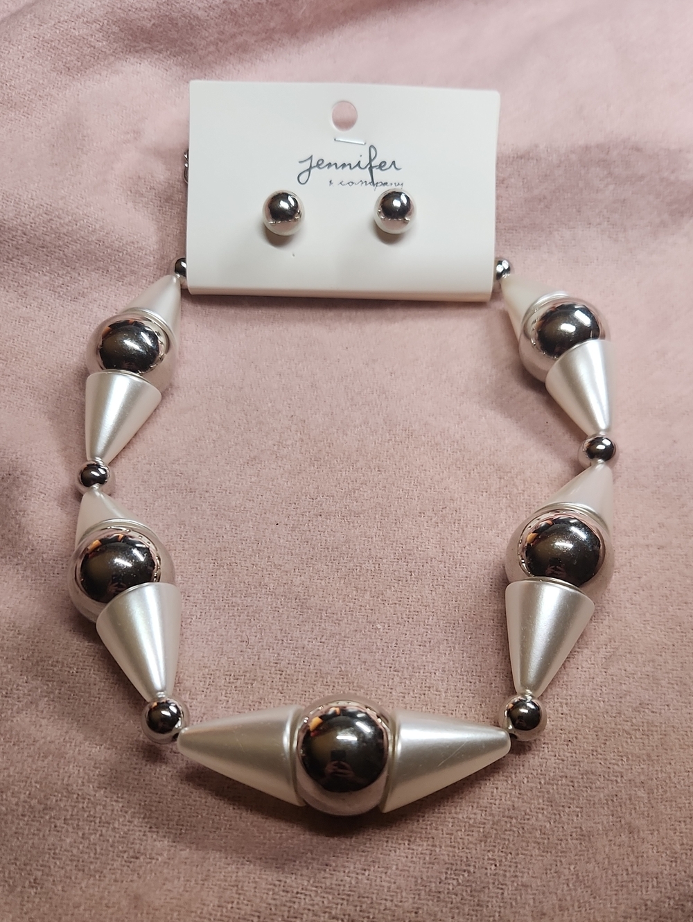 Jennifer & Company Silver and Pearl Bead Statement Necklace with Stud Earrings